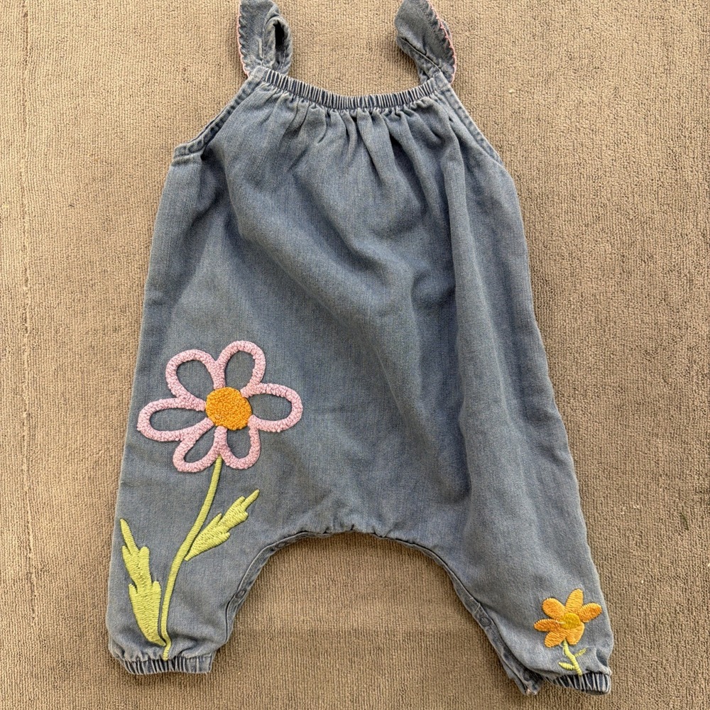Mud Pie Baby Girl Denim Romper Chenille Flower Appliqué 3-6 Months